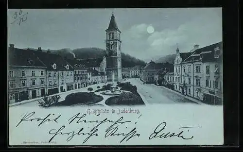 Mondschein-AK Judenburg, Hauptplatz mit Stadtturm und Brunnen