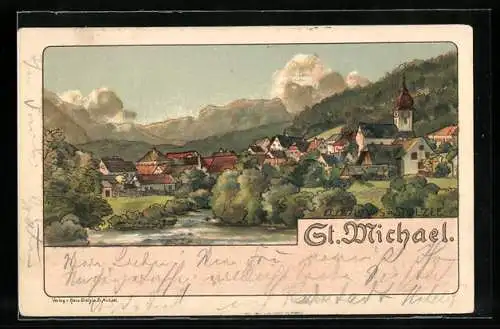 Künstler-AK St. Michael, Totalansicht mit Kirche