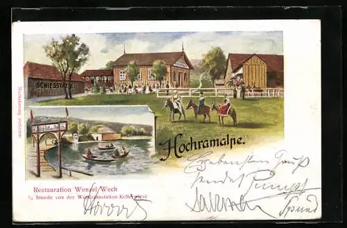Künstler-AK Gablitz, Hochramalpe, Restaurant Wenzel Wech, Uferpartie mit Booten
