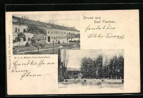 AK Bad Fischau, K. u. k. Militär-Unter-Realschule, Uferpartie