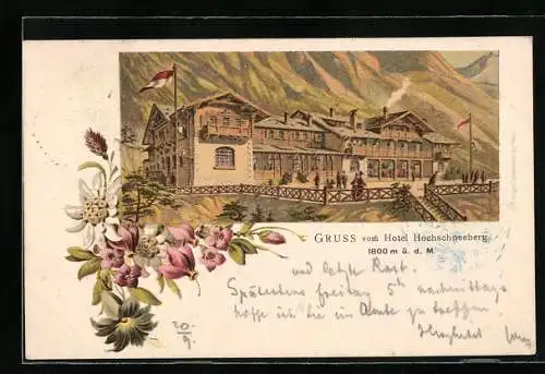 Lithographie Puchberg, Gruss vom Hotel Hochschneeberg, Edelweiss, Blumen, Fahnen