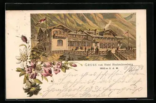 Lithographie Puchberg am Schneeberg, Hotel Hochschneeberg, Edelweiss