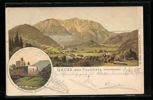 Lithographie Puchberg, Schlossruine mit Blick in Tal