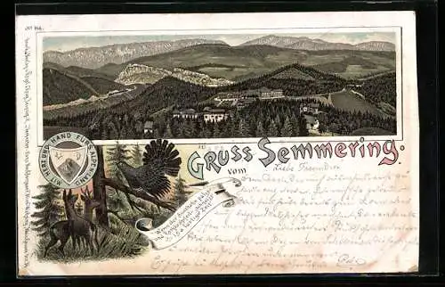 Lithographie Semmering, Gruss vom Semmering, Rehe im Wald, Gesamtansicht des Ortes