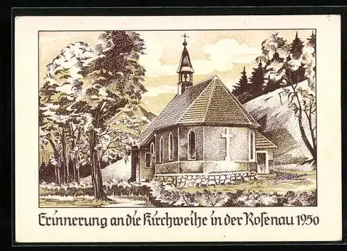 Künstler-AK Rosenau, Blick auf die Kirche zur Erinnerung an die Kirchweihe 1950