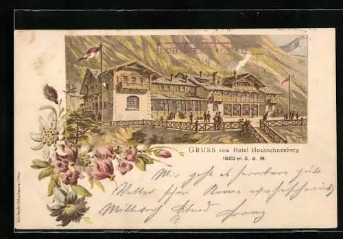 Lithographie Puchberg, Gruss vom Hotel Hochschneeberg, Blumenranke