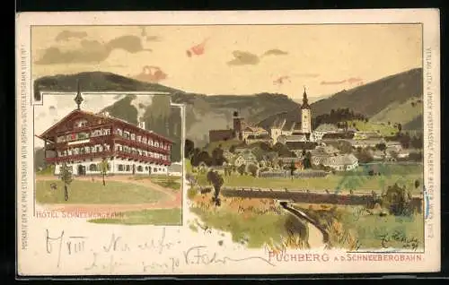 Lithographie Puchberg a. d. Schneebergbahn, Hotel Schneebergbahn, Teilansicht