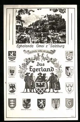 AK Salzburg, Stadtansicht mit Wappen aus dem Egerland