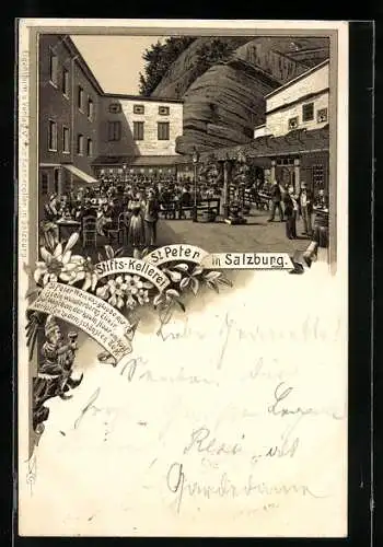 Lithographie Salzburg, Gasthaus Stifts-Keller St. Peter mit Besuchern