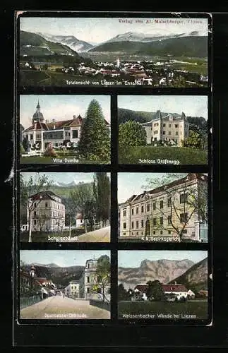 AK Liezen, Villa Dumba, Schulgebäude, Schloss Grafenegg und Bezirksgericht