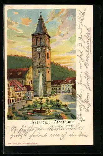 Lithographie Judenburg, Stadtthurm im letzten Tageslicht