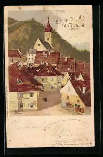 Lithographie St. Michael, Ortspartie mit Gasthaus und Kirche