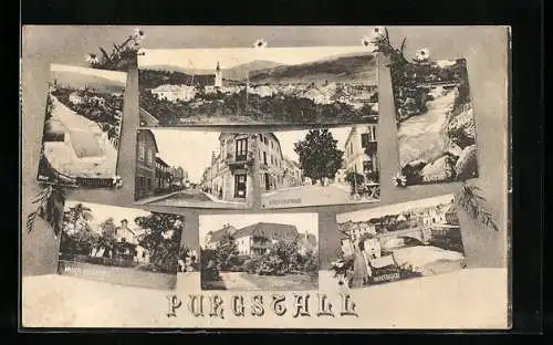 AK Purgstall, Totalansicht, Kirchenstrasse, Schulgasse, Marktbrücke, Wasser Heilanstalt, Schloss, Erafsteg, Erlaf