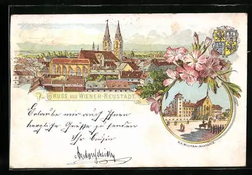Lithographie Wiener Neustadt, K. k. Militärakademie, Stadtpanorama, Wappen