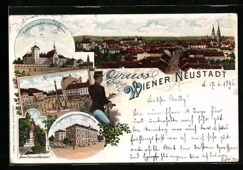 Lithographie Wiener Neustadt, Hauptplatz, Oberrealschule und Theresianische Militär-Akademie