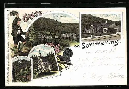 Lithographie Semmering, Hotel Panhans, Gasthaus Erzherzog Johann, Kapelle auf dem Semmering