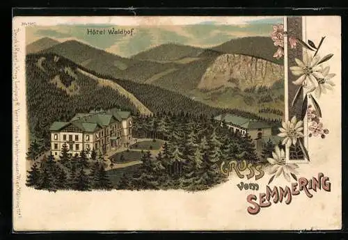 Lithographie Semmering, Hotel Waldhof und Berglandschaft