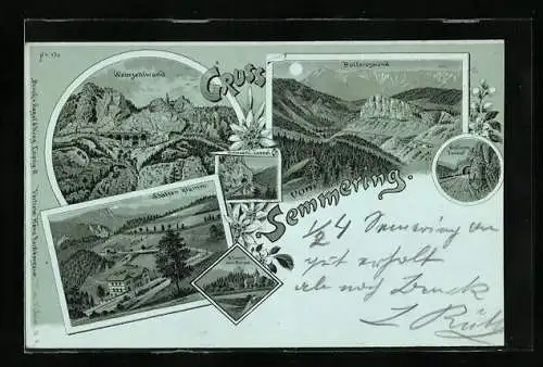 Mondschein-Lithographie Semmering, Weinzettlwand, Station Klamm und Ruine