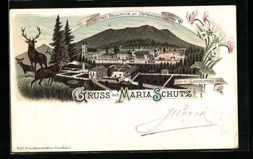 Lithographie Maria Schutz a. Semmering, Hotel Bellevue mit Dependancen und Villen