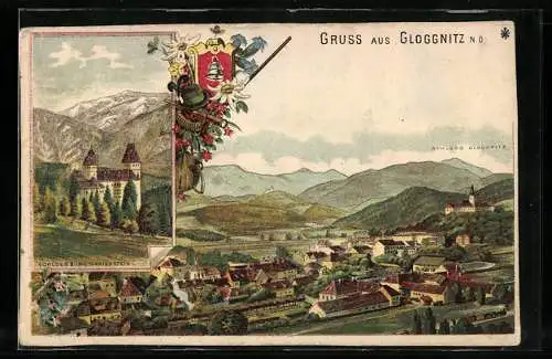 Lithographie Gloggnitz, Teilansicht mit Schloss Gloggnitz, Schloss Burg Wartenstein