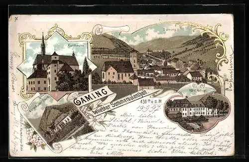 Lithographie Gaming, Karthause, Karthäuser Säule und Hotel Höllrigl