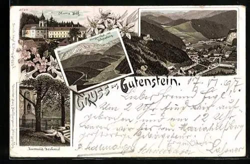 Lithographie Gutenstein, Raimund Denkmal, Maria Hilf, Klostertal mit Schneeberg