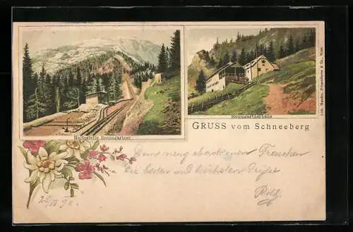 Lithographie Puchberg am Schneeberg, Haltestelle Baumgartner, Gasthaus Baumgartnerhaus