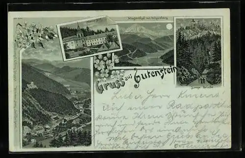 Mondschein-Lithographie Gutenstein, Klosterthal mit Schneeberg, Lange Brücke