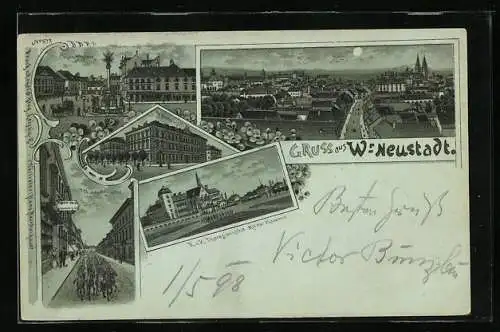 Mondschein-Lithographie Wr. Neustadt, Wienerstrasse, Hauptplatz und Realschule