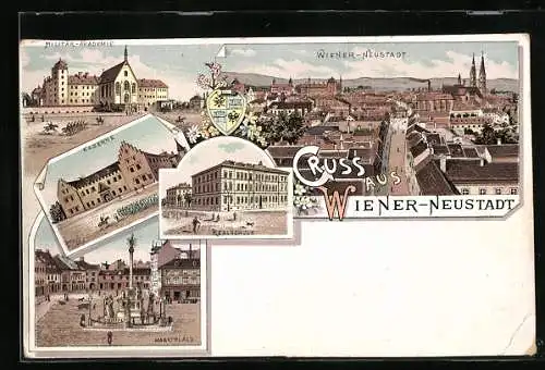 Lithographie Wiener Neustadt, Kaserne, Militär-Akademie und Realschule