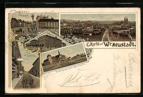 Lithographie Wiener Neustadt, KuK Theresianische Militär Akademie, Realschule und Wienerstrasse