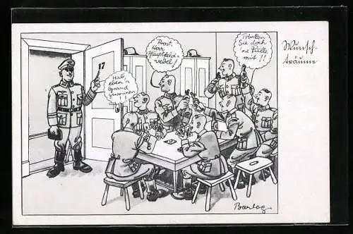 Künstler-AK Ferdinand Barlog: Uniformierte Soldaten spielen Karten und Trinken