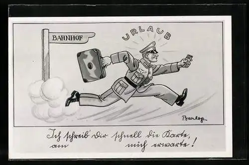 Künstler-AK Ferdinand Barlog: Soldat der Wehrmacht auf Heimaturlaub rennt zum Bahnhof