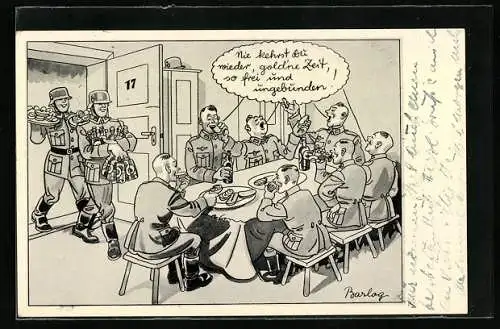 Künstler-AK Ferdinand Barlog: Soldaten beim Essen am Tisch
