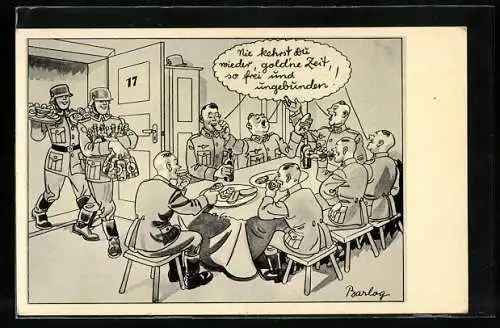 Künstler-AK Ferdinand Barlog: Soldaten sitzen in geselliger Runde am Tisch beisammen