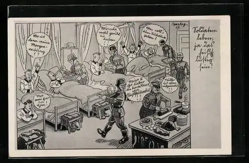 Künstler-AK Ferdinand Barlog: Soldaten werden mit Frühstück ans Bett geweckt