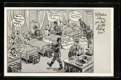 Künstler-AK Ferdinand Barlog: Soldaten beim morgendlichen Wecken, Frühstück ans Bett