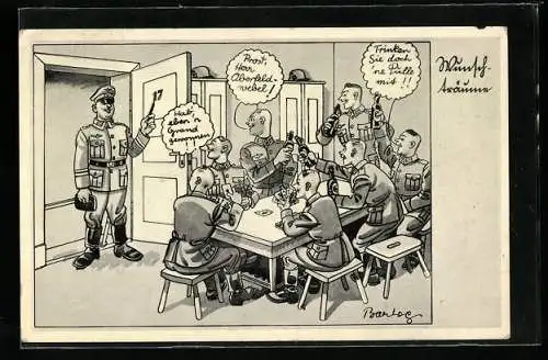 Künstler-AK Ferdinand Barlog: Wehrmachtssoldaten spielen Karten und trinken Bier in der Unterkunft, Soldatenhumor
