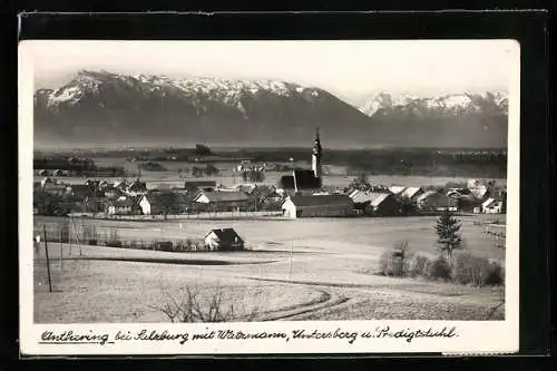 AK Anthering bei Salzburg, Ortsansicht mit Watzmann, Untersberg und Predigstuhl
