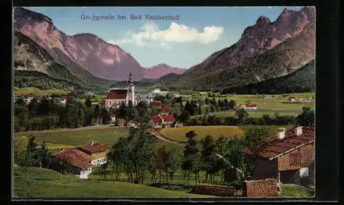 AK Grossgmain, Blick auf den Ort und die Kirche im Tal