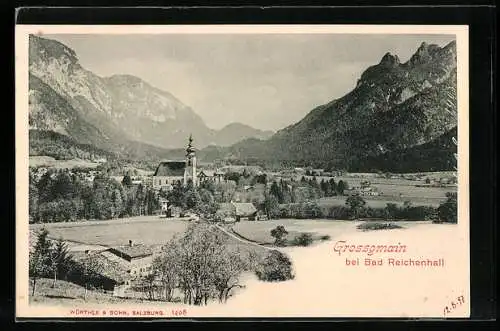 AK Grossgmain b. Reichenhall, Panorama mit Kirche