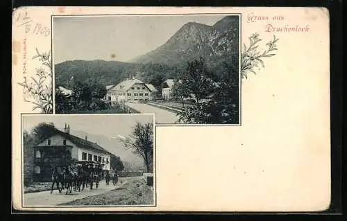 AK Grödig / Salzburg, Gasthaus zum Drachenloch, Blick zum Ort, Pferdekutsche