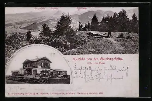 AK Salzburg, Gaisberg, Aussicht von der Spitze mit Traunstein, Schober und Schafberg, Gasthaus, um 1900