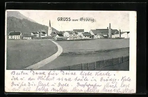 AK Grödig, Ortsansicht aus der Ferne