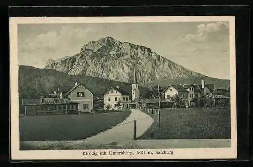 AK Grödig, Ortsansicht vor dem Untersberg