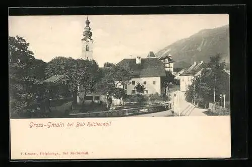 AK Gross-Gmain b. Bad Reichenhall, Ortspartie mit Kirchturm