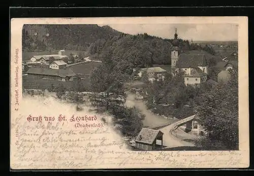 AK Grödig, St. Leonhard am Drachenloch, Ortsansicht mit Kirche