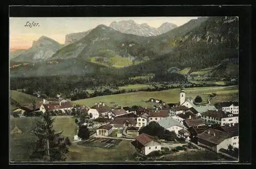 AK Lofer, Ortsansicht vor Bergpanorama