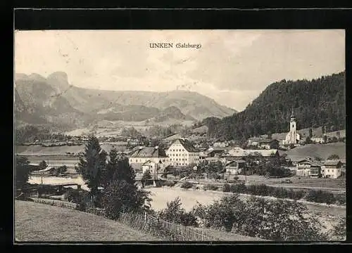 AK Unken /Salzburg, Ortsansicht mit Flusspartie
