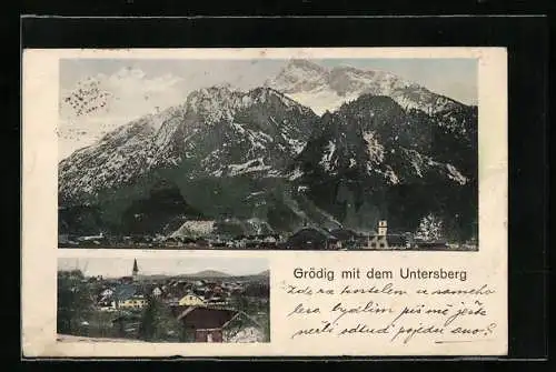 AK Grödig, Ortsansicht vor dem Untersberg